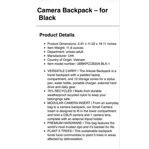 Urth Arkose Camera Backpack Set in Black Onyx 20L Laptop compatible main image 5